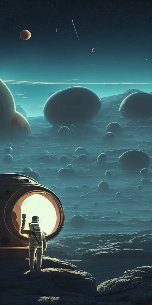 Image similar to a lonely astronaut on a amazing alien landscape and the universe, digital art, breathtaking, golden ratio, extremely detailed, establishing shot, hyperrealistic, cinematic lighting, particles, unreal engine, simon stålenhag, rendered by Beeple, Makoto Shinkai, syd meade, simon stålenhag, Ruan Jia, Kentaro Miura, environment concept, artstation, octane render, 4K UHD image