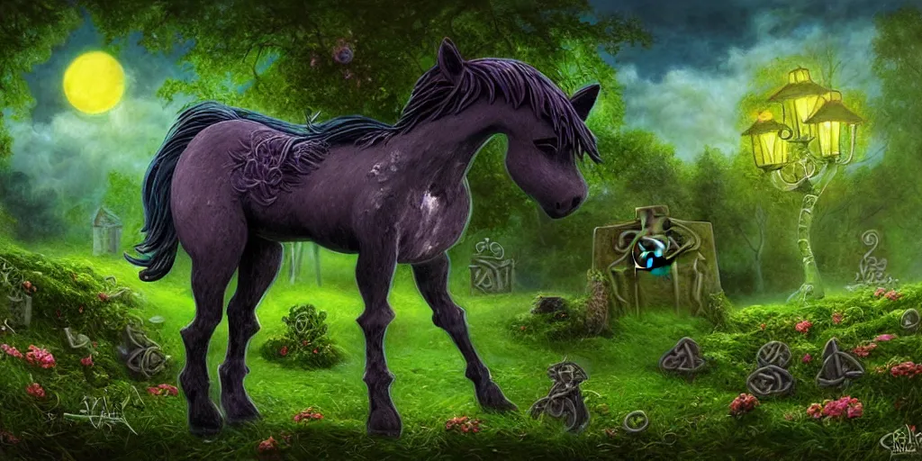 Prompt: 3 d littlest pet shop horse, realistic fur, faery, celtic, spooky, graves, crypt, flowers, storm, blues, greens, teals, dark contrast, spooky, master painter and art style of noel coypel, art of emile eisman - semenowsky, art of edouard bisson