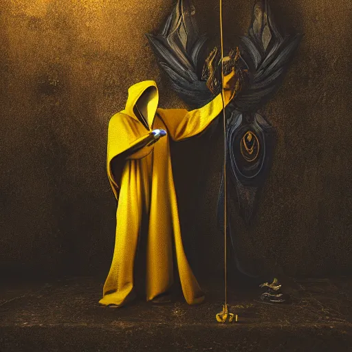 Image similar to award - winning. trending on artstation. cinematic. 4 k. a person wearing hooded frayed yellow robes and an eerie steel mask casting a spell while yellow magic runes float behind them. dark background