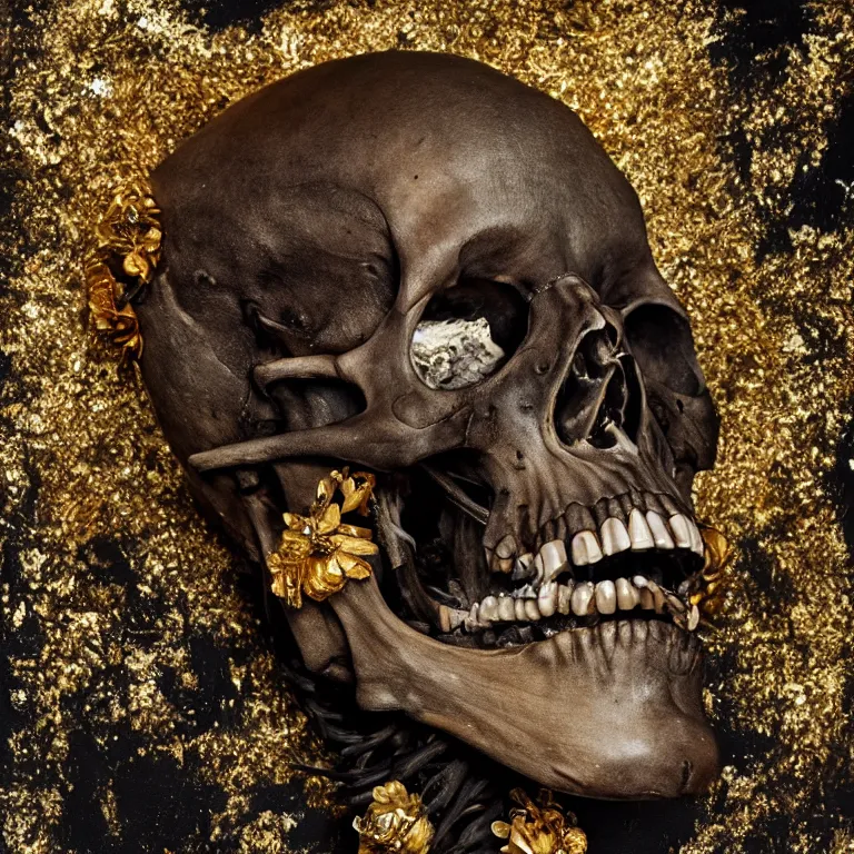 Image similar to A beautiful oil painting hyperrealism of a decayed black skeleton head, rotting black clay skin, bones, close up, gold flowers, gold floral headdress, 8k resolution, octane render