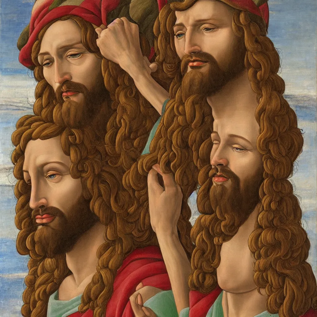 Prompt: Portrait of Jesus as an elf. Oil painting in the style of Botticelli.