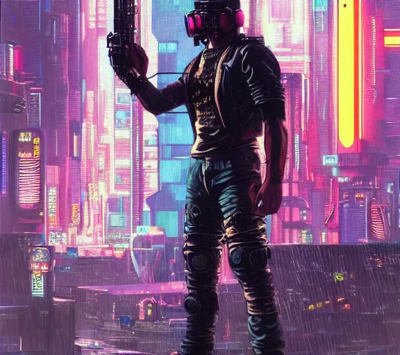 Image similar to a portrait of a cyberpunk epic Friday night firefight, Night City, cyberpunk 2077, very very coherent painting, 1979 OMNI Magazine Cover, street level neo-Tokyo in Cyberpunk 2045 style by Vincent Di Fate by mark arian by artgerm in the style of Gustavo Dore, 4k, 8k, HD, trending on artstation