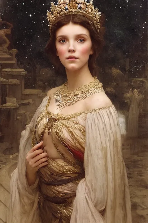 Image similar to a beautiful close - up painting of a crowned princess in a flowing gown resembling millie bobby brown watching the lantern festival in ancient london, at night with a sky full of stars, intricate, elegant, highly detailed, digital painting, artstation, concept art, by krenz cushart and artem demura and william adolph bouguereau and alphonse mucha