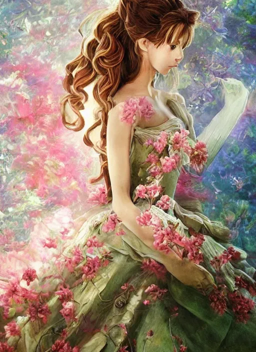 Prompt: elegant Aerith Gainsborough the Queen of flowers. ultra detailed painting at 16K resolution and epic visuals. epically surreally beautiful image. amazing effect, image looks crazily crisp as far as it's visual fidelity goes, absolutely outstanding. vivid clarity. ultra. iridescent. mind-breaking. mega-beautiful pencil shadowing. beautiful face. Ultra High Definition. amazingly crisp sharpness. high quality film still. processed twice. film grain. graphic novel poster.