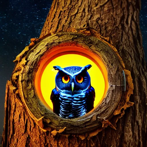 Image similar to mechanical owl inside a hole in a tree, red eyes glowing, night sky with full of stars, in the middle of forest, realistic style, futuristic, photorealistic, cinematic lighting, high key lighting, high contrast, 8 k, golden ratio, uhd, hd, shallow focus, lens 7 5 mm