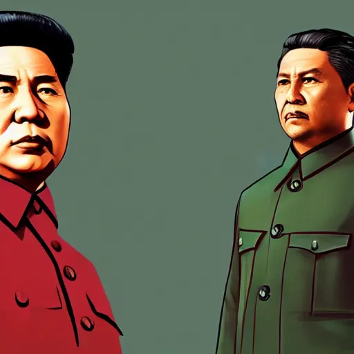 Prompt: Mao Zedong alongside Joseph Stalin in GTA V, Cover art by Stephen Bliss, Boxart, loading screen