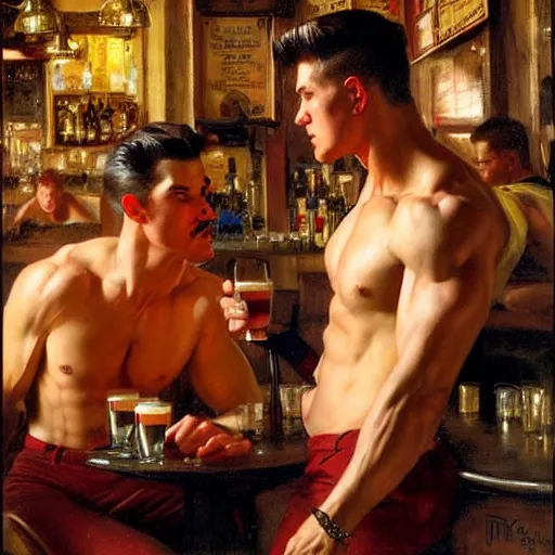 Image similar to attractive muscular male with red hair and muscular attractive male with black hair, drinking their hearts out, in a pub. very defined and highly detailed painting by j. c. leyendecker, gaston bussiere, craig mullins 8 k