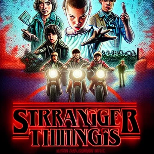 Prompt: stranger things poster, in the style of 1950's movie poster, illustration, official media, 4k, trending on artstation