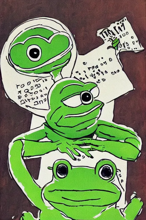 Image similar to pepe the frog on his way to school, painted by norman rockwell