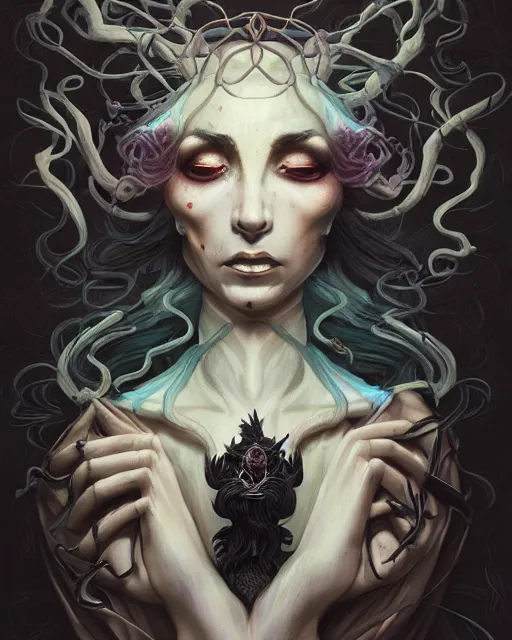Prompt: fantasy portrait of a woman made of obsidian and smoke, carved Japanese Sakura wood organic overgrowth, holding nevermore, peter mohrbacher, artgerm, Liam Brazier, dan mumford