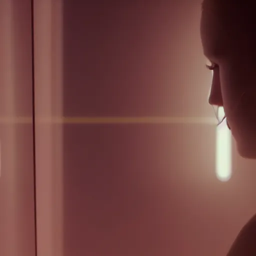 Image similar to silhouette of a Elle Fanning gazing in a mirror, pitch black room, extremely detailed masterpiece, oil on canvas, realist, low-key neon lighting, artstation, Blade Runner 2049, Roger Deakin’s cinematography, by Ali Cavanaugh,