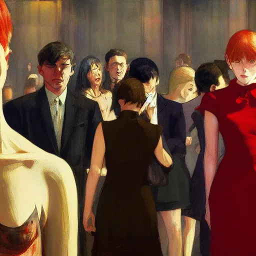 Prompt: a very anxious person in a crowd of mad people, vibrant, by akihiko yoshida and edward hopper