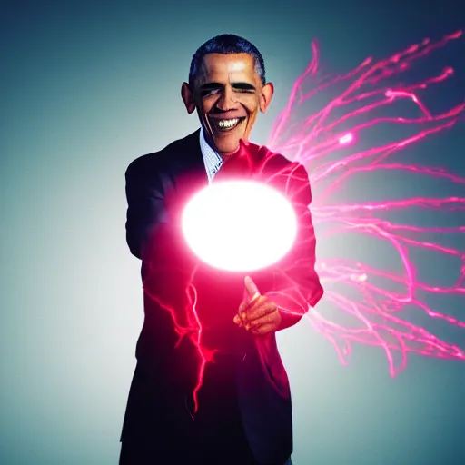 Image similar to Obama in fighting stance, glowing red aura around obama, smiling, 40nm, shallow depth of field, split lighting, 4k,