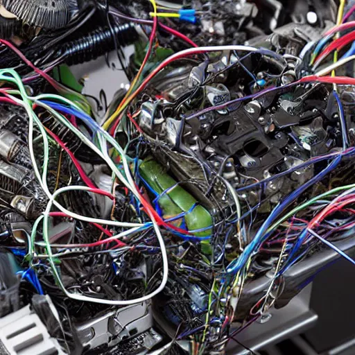 Prompt: a cluster of wires mixed into engine parts, photo realistic