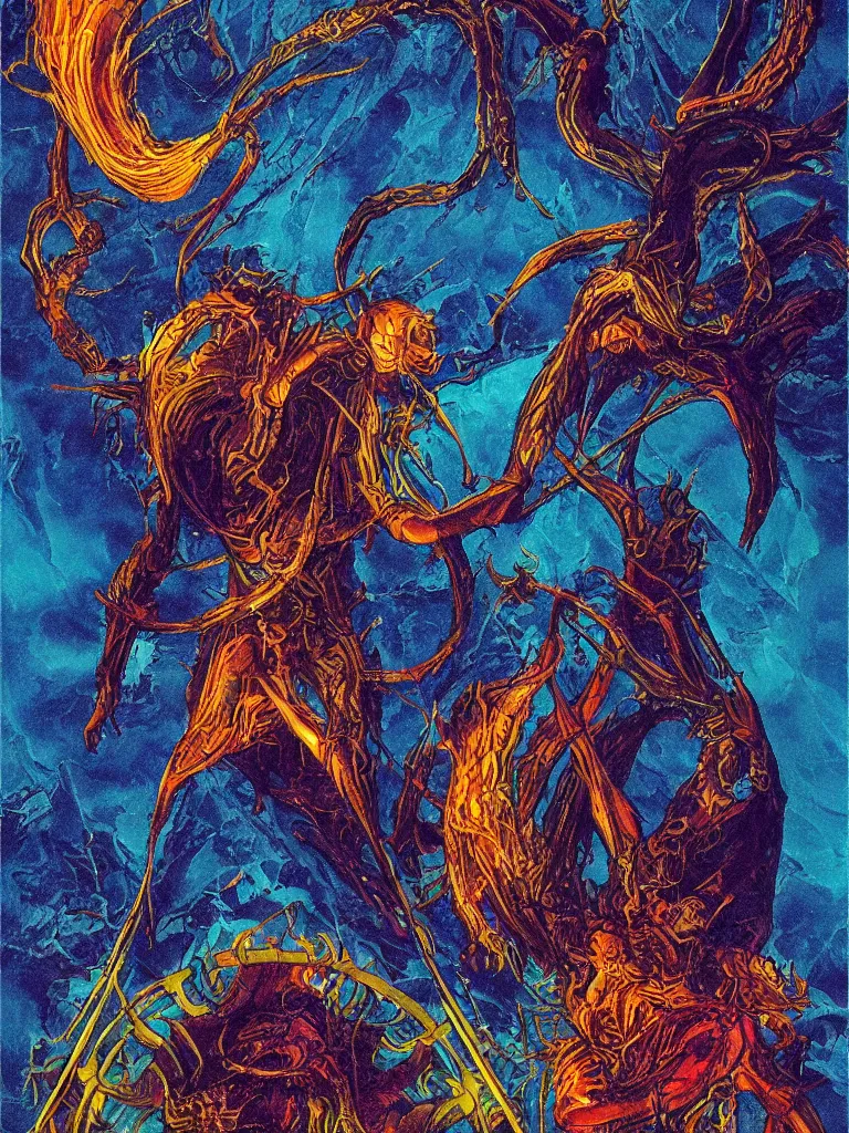 Image similar to The Abyss, richly detailed tarot card, vivid color hues, trending on Artstation