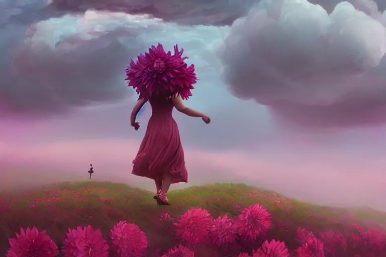 Prompt: giant dahlia flower on her head, girl walking on mountain, surreal photography, pink storm clouds, dramatic light, impressionist painting, digital painting, artstation, simon stalenhag