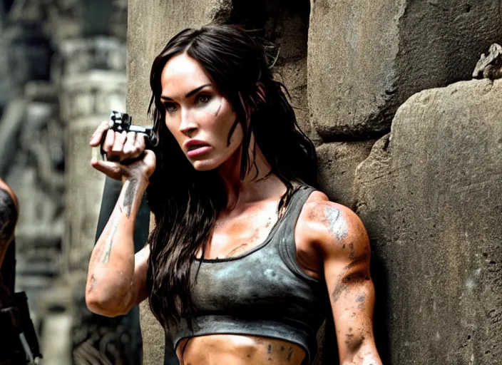 Image similar to film still of!!!! megan fox!!! as lara croft in new tomb raider movie, closeup portrait, exploring inside of aztec temple, action pose, dramatic lighting, octane, mist, volumetric lighting, 8 k