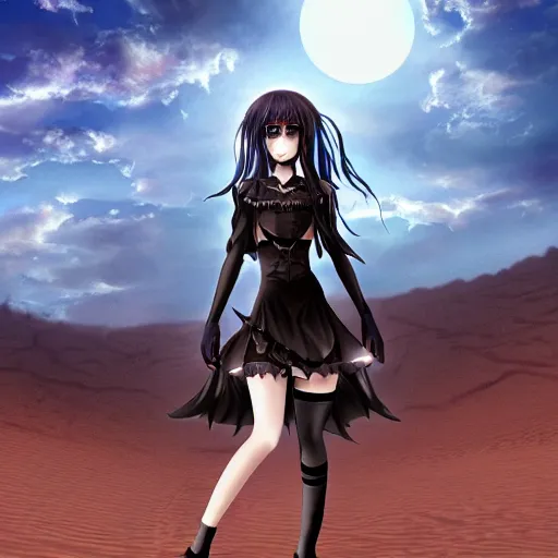 Image similar to a gothic anime girl in the middle of the desert, 4 k, digital art, trending on artstation, studio lighting, wide angle lens, 1 5 mm,