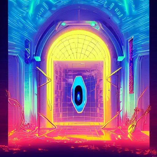 Prompt: a ancient portal to another dimension, retrowave art, trending on art station