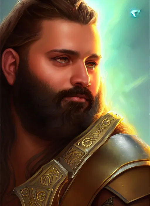 Prompt: a _ fantasy _ style _ portrait _ painting _ of esfandtv light brown male holy paladin with long wavy brown hair chubby and beard, hammer weapon, rpg dnd oil _ painting _ unreal _ 5 _ daz. _ rpg _ portrait _ extremely _ detailed _ artgerm _ greg _ rutkowski _ greg