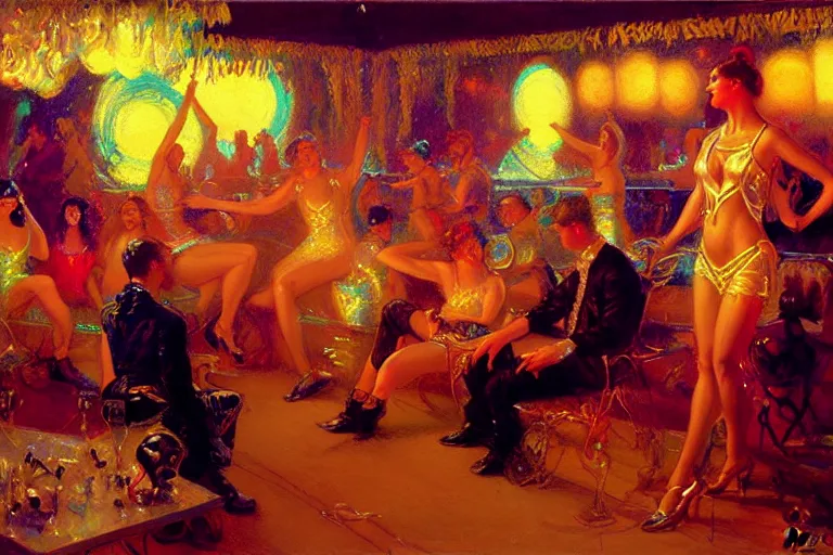 Image similar to futuristic disco party, summer, neon light, painting by gaston bussiere, craig mullins, j. c. leyendecker