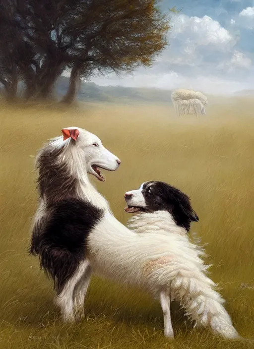 Image similar to wide shot painting of a border collie kissing a sheep in a pasture, beautiful, intricate, elegant, realistic proportions, highly detailed, scenic background, trending on artstation, art by charlie bowater and henry asencio and and ross tran