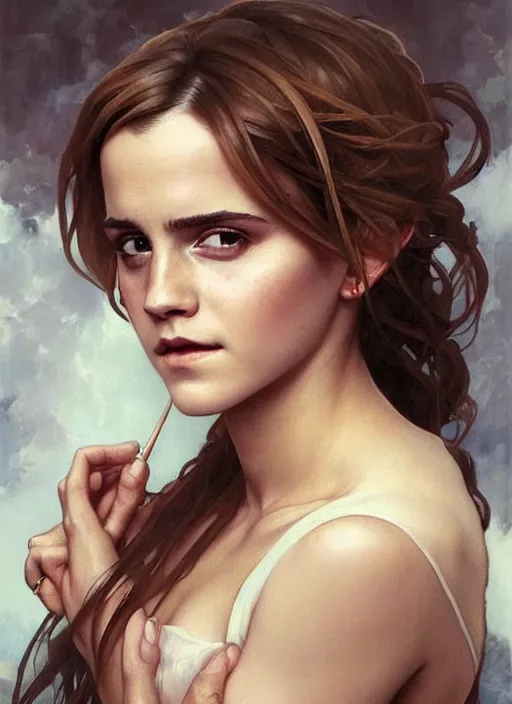 Prompt: oil painting of emma watson giving biting her lip seductive look. beautiful detailed face. by artgerm and greg rutkowski and alphonse mucha