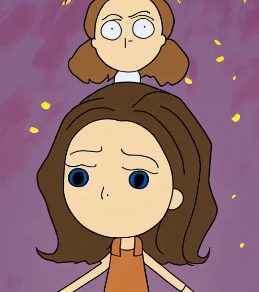 Prompt: young cute beautiful short female with brown hair kissing Morty artwork Rick and Morty style