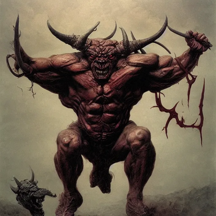 Image similar to horned demon berserker, muscular body, demon, balrog, beksinski