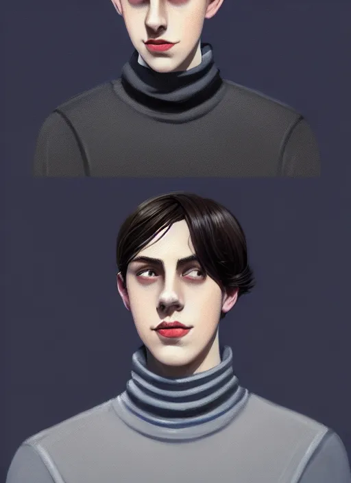 Image similar to portrait of teenage jughead jones wearing a light grey crown, crown, blue turtleneck, closed eyes, photorealistic, black hair, glowing lighting, intricate, elegant, glowing lights, highly detailed, digital painting, artstation, concept art, smooth, sharp focus, illustration, art by wlop, mars ravelo and greg rutkowski