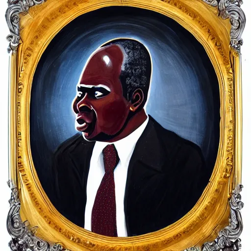 Image similar to a painting of a loving, caring fatherly wide forehead, aquiline nose, round face, XXL , generous, ever-present, humble, wise elder from Kenya in a silver suit and red tie by Kara Walker . Fatherly/daddy, focused, loving, leader, relaxed. Gold background, heavenly lights, details, smooth, sharp focus, illustration, realistic, cinematic, artstation, award winning, rgb , unreal engine, octane render, cinematic light, macro, depth of field, blur, light and clouds, highly detailed epic cinematic concept art CG render made in Maya, Blender and Photoshop, octane render, excellent composition, dynamic dramatic cinematic lighting, aesthetic, very inspirational, arthouse.