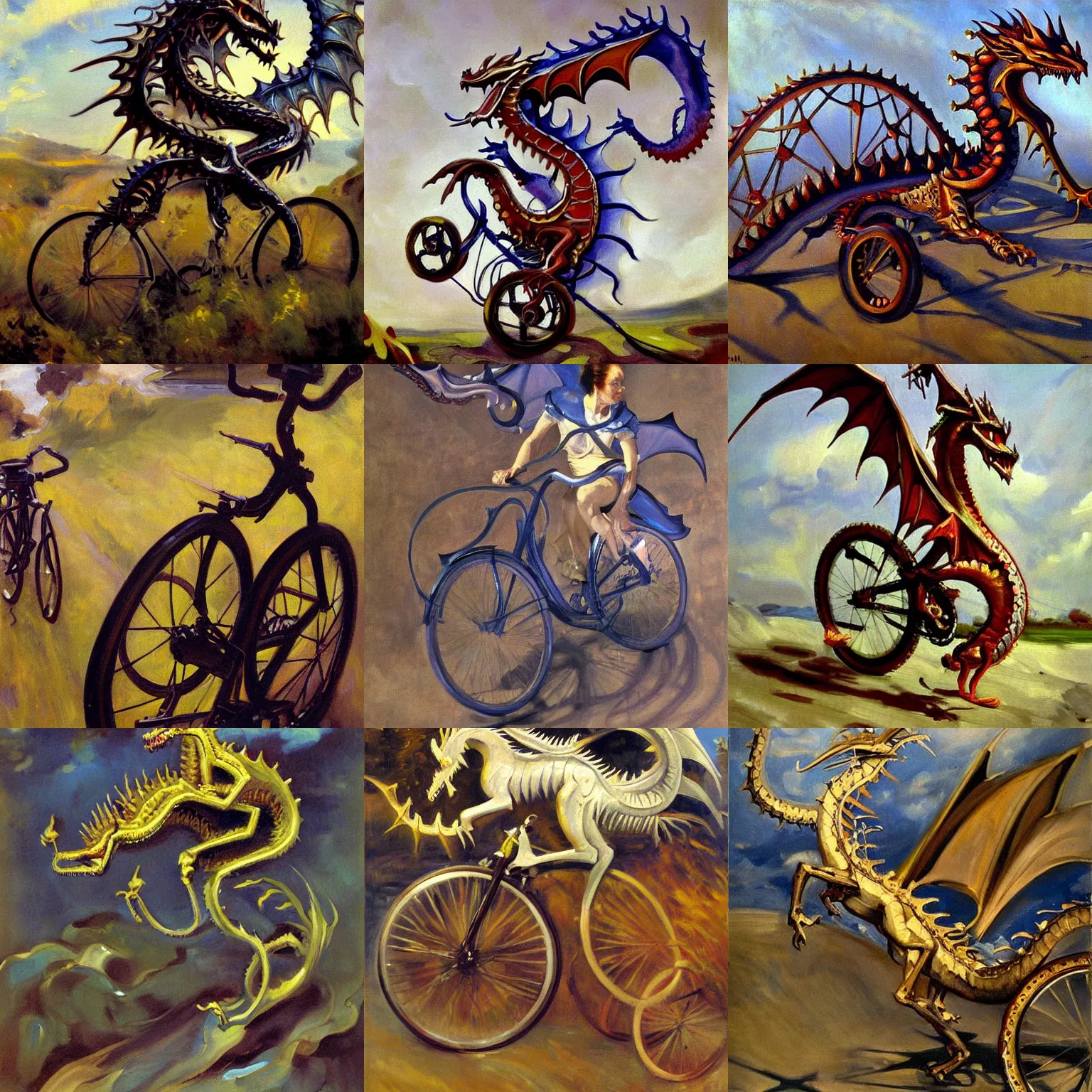 Prompt: bicycle dragon, john singer sargent, detailed oil on canvas painting