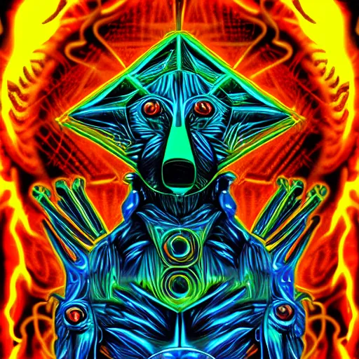 Image similar to three - headed cyberpunk hell - dog standing proudly at the top of a very steep hill, sacred geometry, alchemy background, merkabah, psychedelic, graffiti, in the style of alex grey