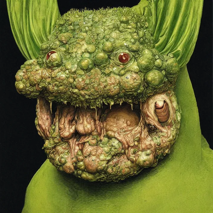 Image similar to close up portrait of a mutant monster creature with cheeks covered in purulent pustules, pimples at different stages, some fresh, some bursting with a whitish fluid ; pleasant, flirty green eyes, very large transparent bat ears. jan van eyck, walton ford