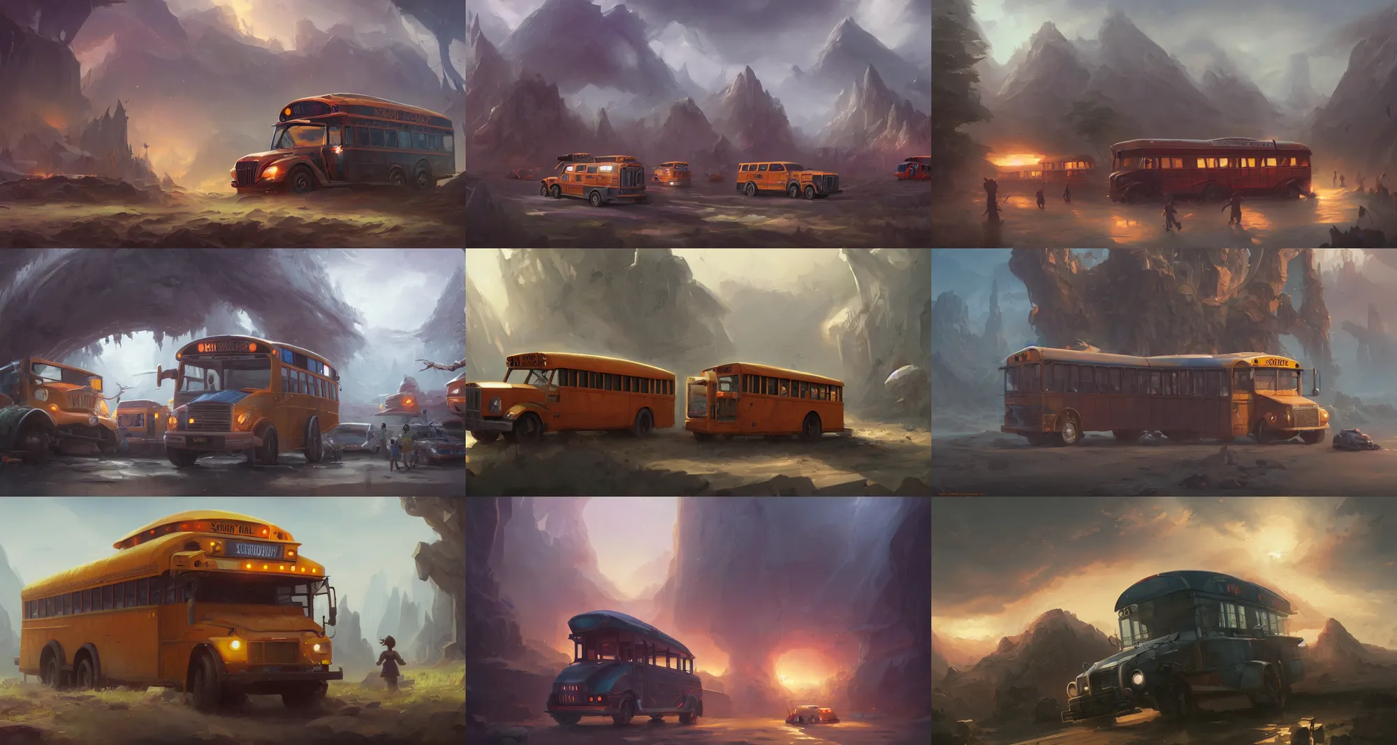 Prompt: A school bus, concept art by Noah Bradley, Darek Zabrocki, Tyler edlin, Jordan Grimmer, Neil Blevins, James Paick, Natasha Tan, highly detailed, ultra detailed, ultra realistic, trending on artstation