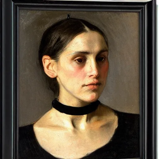 Image similar to frontal portrait of a woman with a choker and black makeup, by thomas eakins