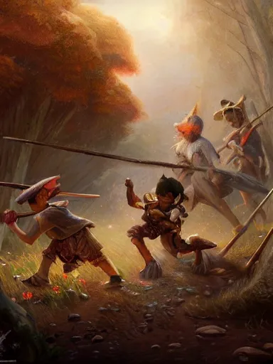 Prompt: a bunch of kids friendly fighting among thenselves with sticks. intricate, elegant, highly detailed, digital painting, artstation, concept art, sharp focus, illustration, by justin gerard and artgerm, 8 k