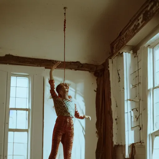 Image similar to a woman floating suspended above the floor in the room of an old house, 3 5 mm, sunlight