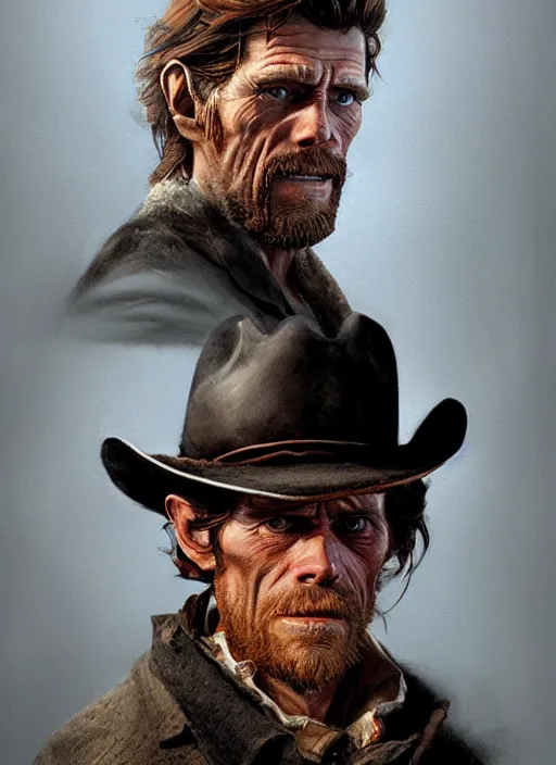 Prompt: willem dafoe as a cowboy, elegant, digital painting, concept art, smooth, sharp focus, illustration, from red dead redemption by ruan jia and mandy jurgens and artgerm and william - adolphe bouguerea