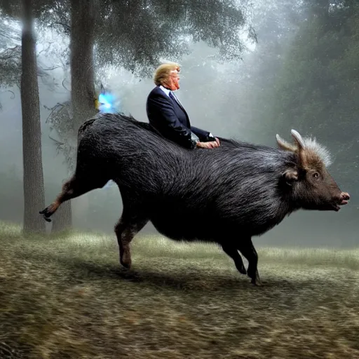 Prompt: donald trump riding a wild boar through the woods, digital art, highly detailed, cinematic lighting, epic composition