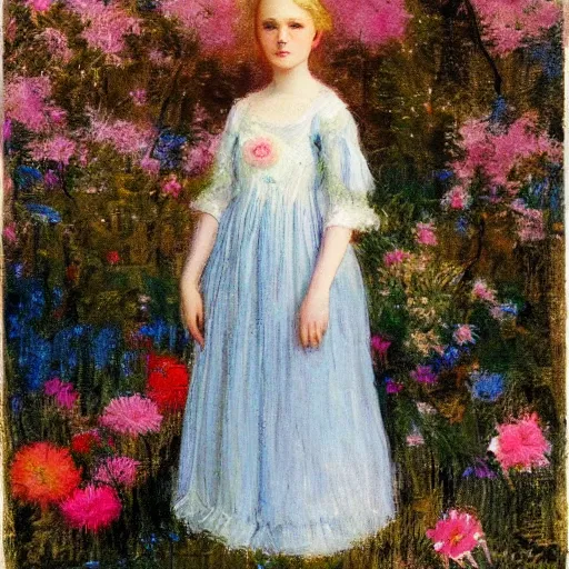 Image similar to A experimental art of a young girl with blonde hair, blue eyes, and a pink dress. She is standing in a meadow with flowers and trees. costume by Tom Roberts placid