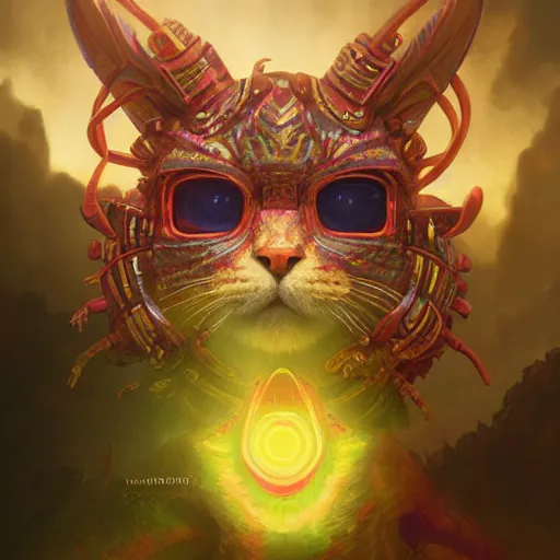 Prompt: synthwave chieftain - cat with ultradetailed aztec - headdress and big glowing cyber eyes by peter mohrbacher and emmanuel shiu and martin johnson heade and bastien lecouffe - deharme, rim light photography