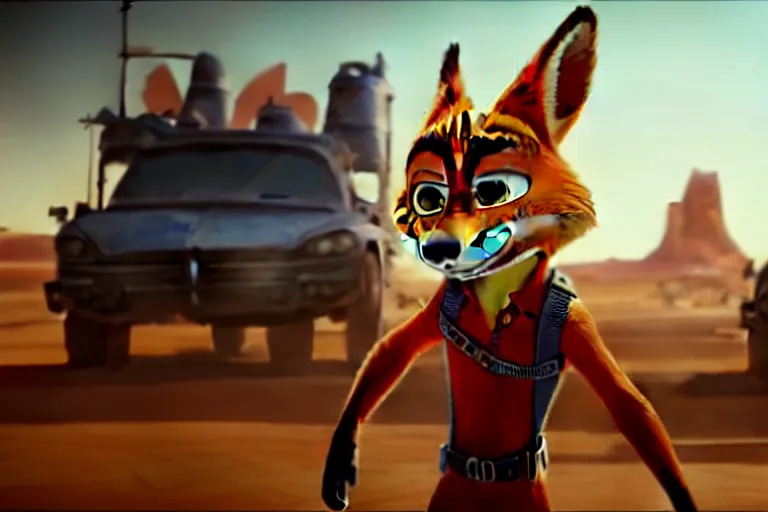 Image similar to nick wilde ( from zootopia ), heavily armed and armored facing down armageddon in a dark and gritty reboot from the makers of mad max : fury road