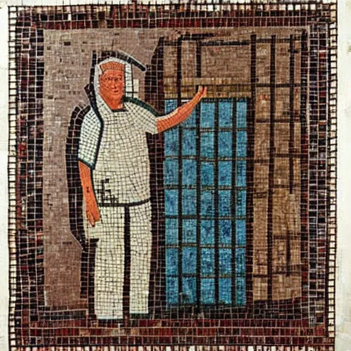 Prompt: trump in an old fashioned prison suite, byzantine mosaic,