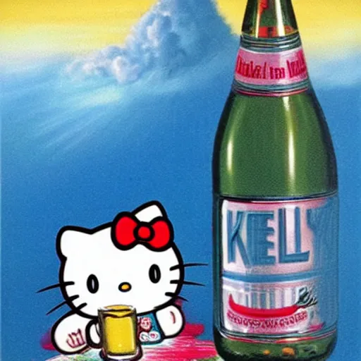 Prompt: Hello Kitty drinking beer, artwork by Earl Norem,