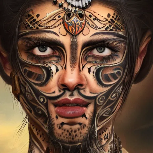 Image similar to a detailed portrait of desert warrior with face tattoos, fantasy art illustration, incredibly highly detailed and realistic, 8 k, sharp focus