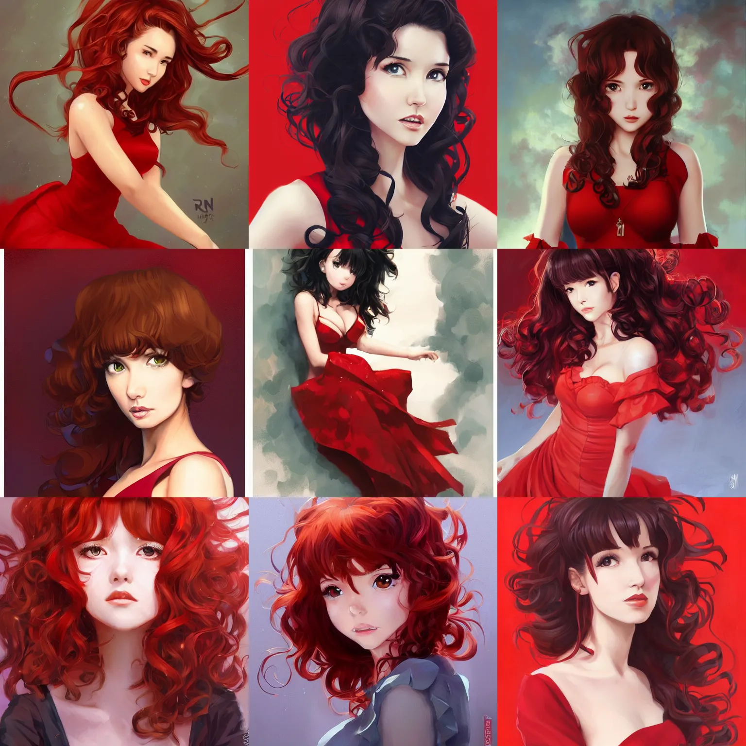 Prompt: A medium shot anime portrait of Natalia Oreiro with curly brown hair wearing a red dress, by Stanley Artgerm Lau, WLOP, by Rossdraws, by James Jean, by Andrei Riabovitchev, by Marc Simonetti, and by Sakimi chan, trending on artstation