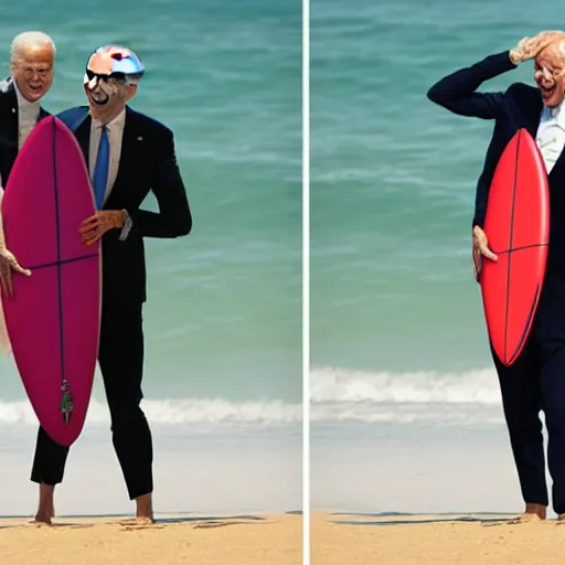 Image similar to surfing joe biden as mr. bean as the joker from batman, surfing still from batman vs bean at the beach, 2 0 2 0