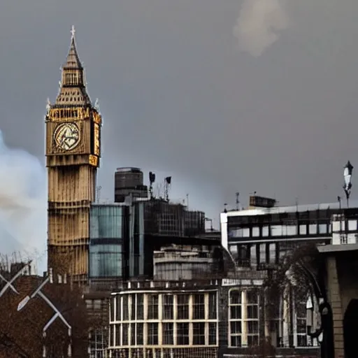 Prompt: nuclear bomb in london, big ben clock tower, huge mushroom cloud, destruction