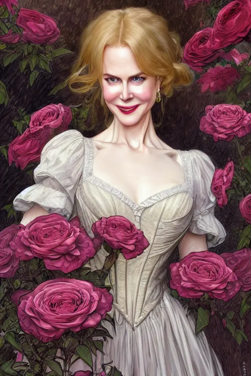 Image similar to Nicole Kidman dressed in a victorian roses dress fashion, D&D, fantasy, intricate, elegant, highly detailed, digital painting, artstation, concept art, matte, sharp focus, illustration, art by Artgerm and Greg Rutkowski and meredit frampton and Alphonse Mucha